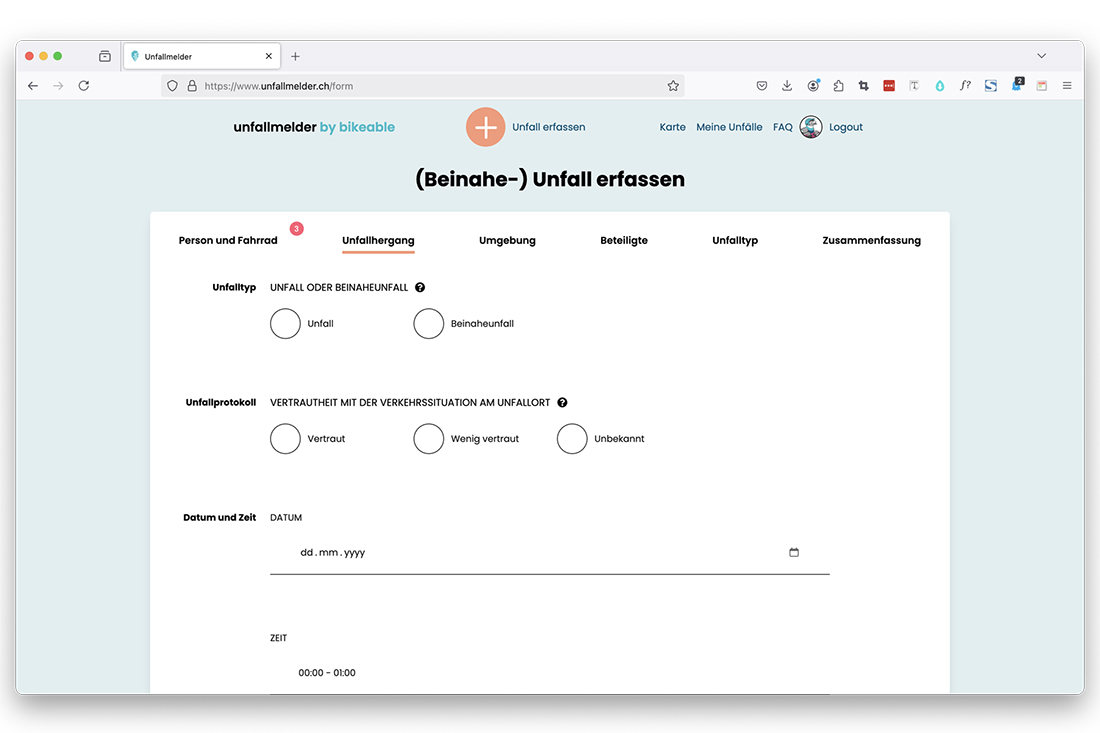 Formularansicht von der Platform Unfallmelder.