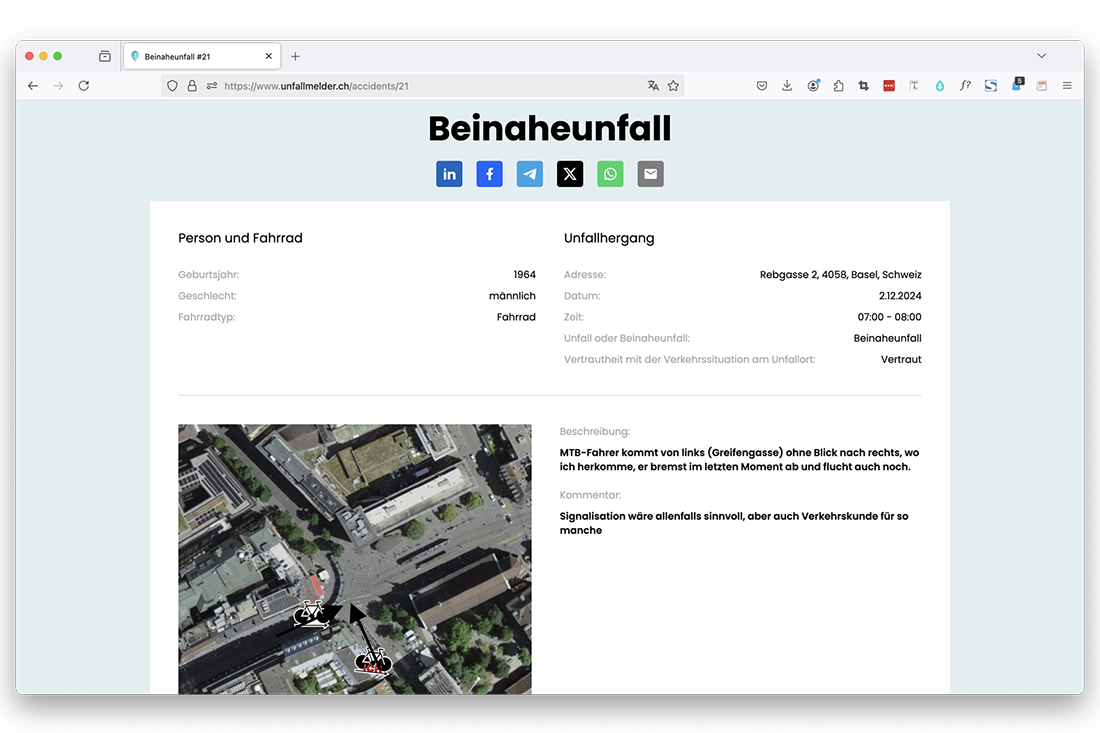 Ansicht von Detailseite eines eingetragenen Unfalles.