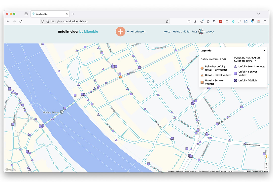 Map mit Kreisen und Dreiecken zur Visualisierung von Unfallstellen.